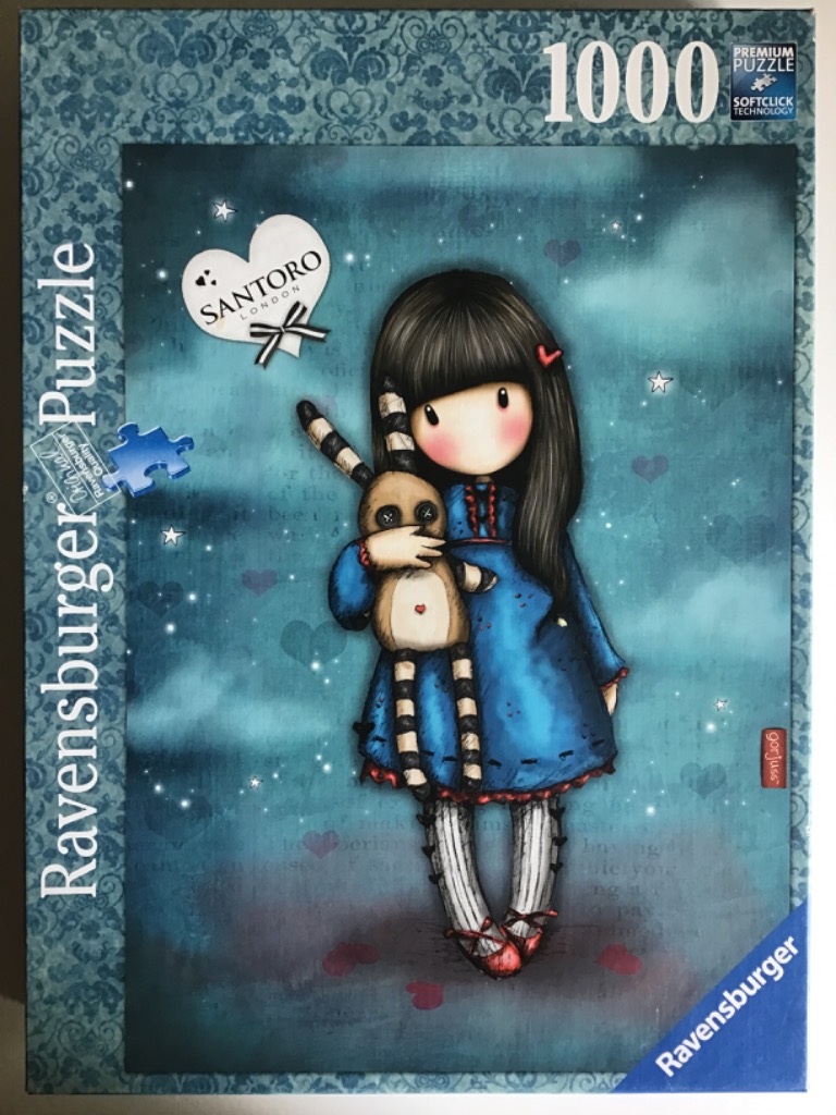 Illustration of a young girl with long black hair holding a striped stuffed animal against a teal background.