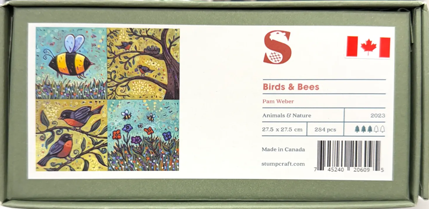 A square four-panel illustration featuring whimsical birds, bees, and flowers in a vibrant folk-art style.