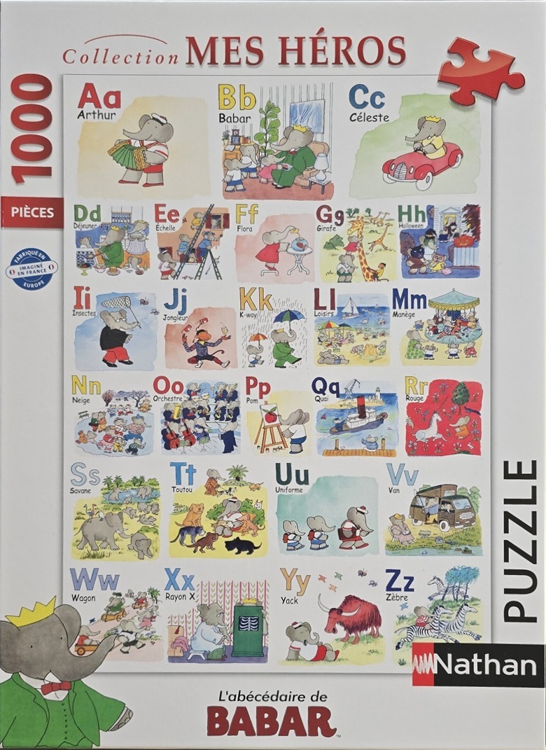 An alphabet-themed illustration featuring Babar the elephant and various friends in a grid format.
