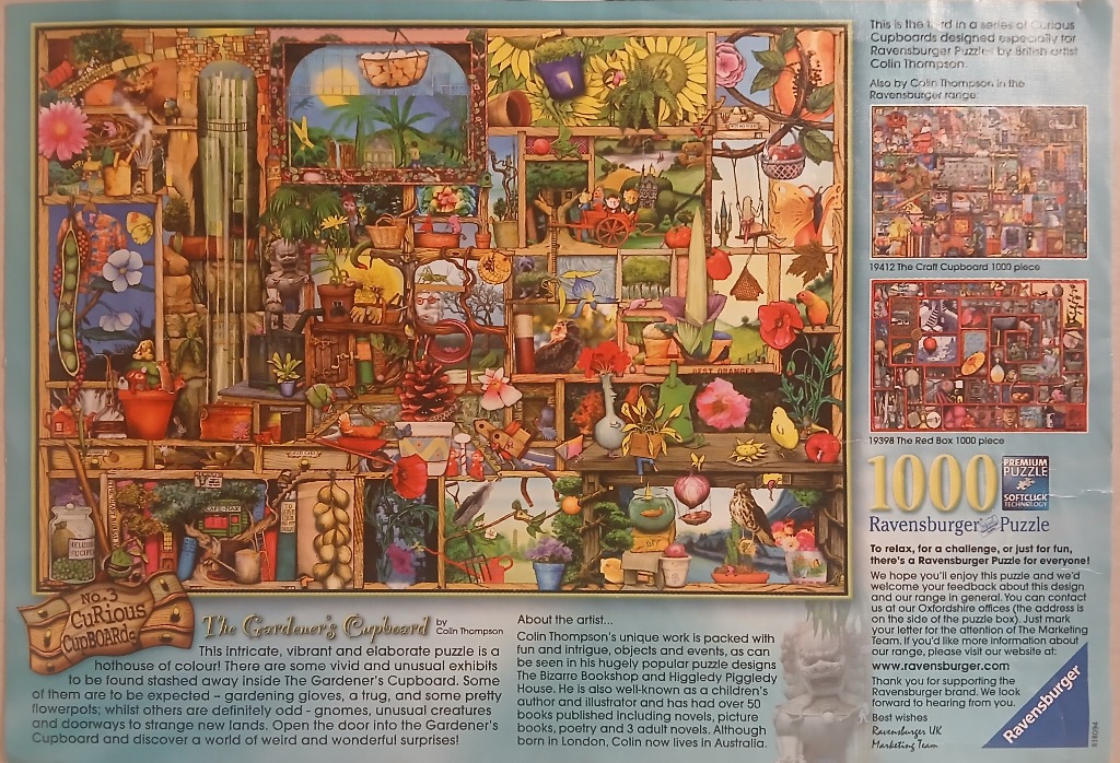 An intricate, whimsical illustration of a cluttered gardener