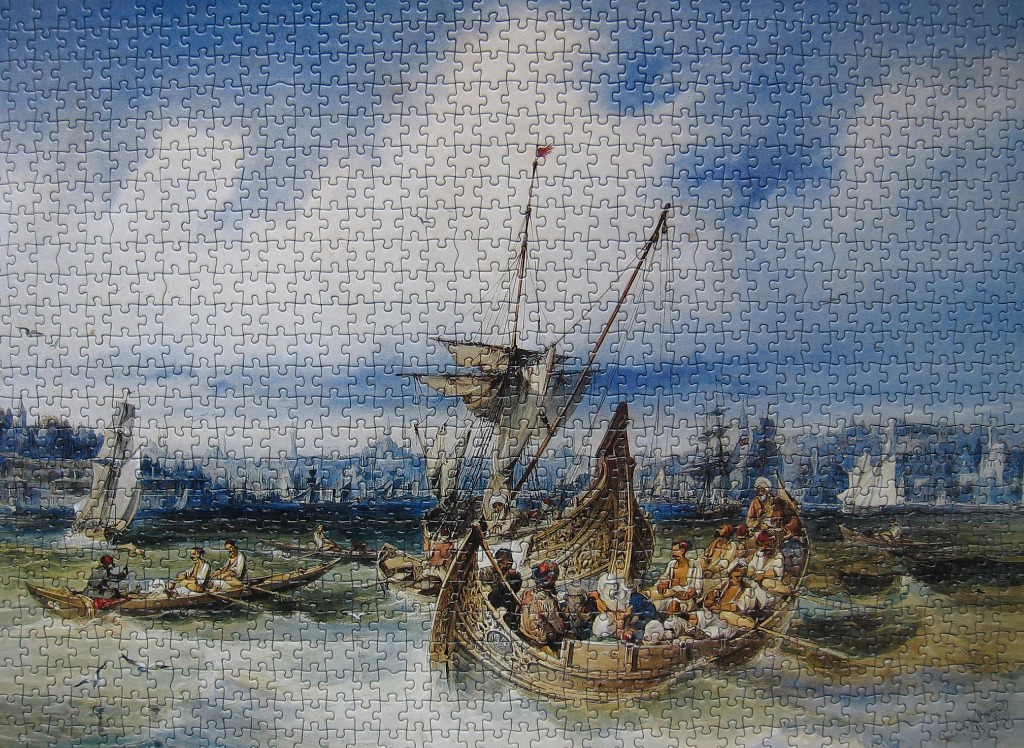 An oil painting of several traditional wooden sailing boats and rowboats on a calm, busy harbor near a city skyline.
