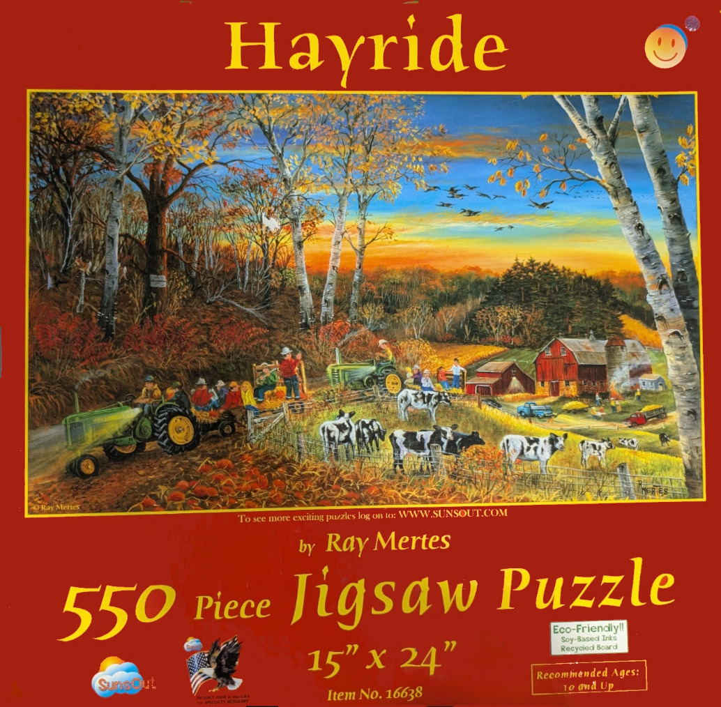A countryside autumn painting of a tractor pulling a wagon of children past a farm with cows and a golden sunset sky.