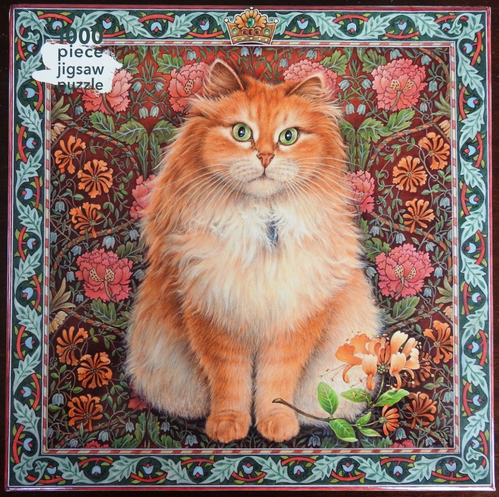 A regal long-haired ginger cat centered against a vibrant floral William Morris-style wallpaper pattern.