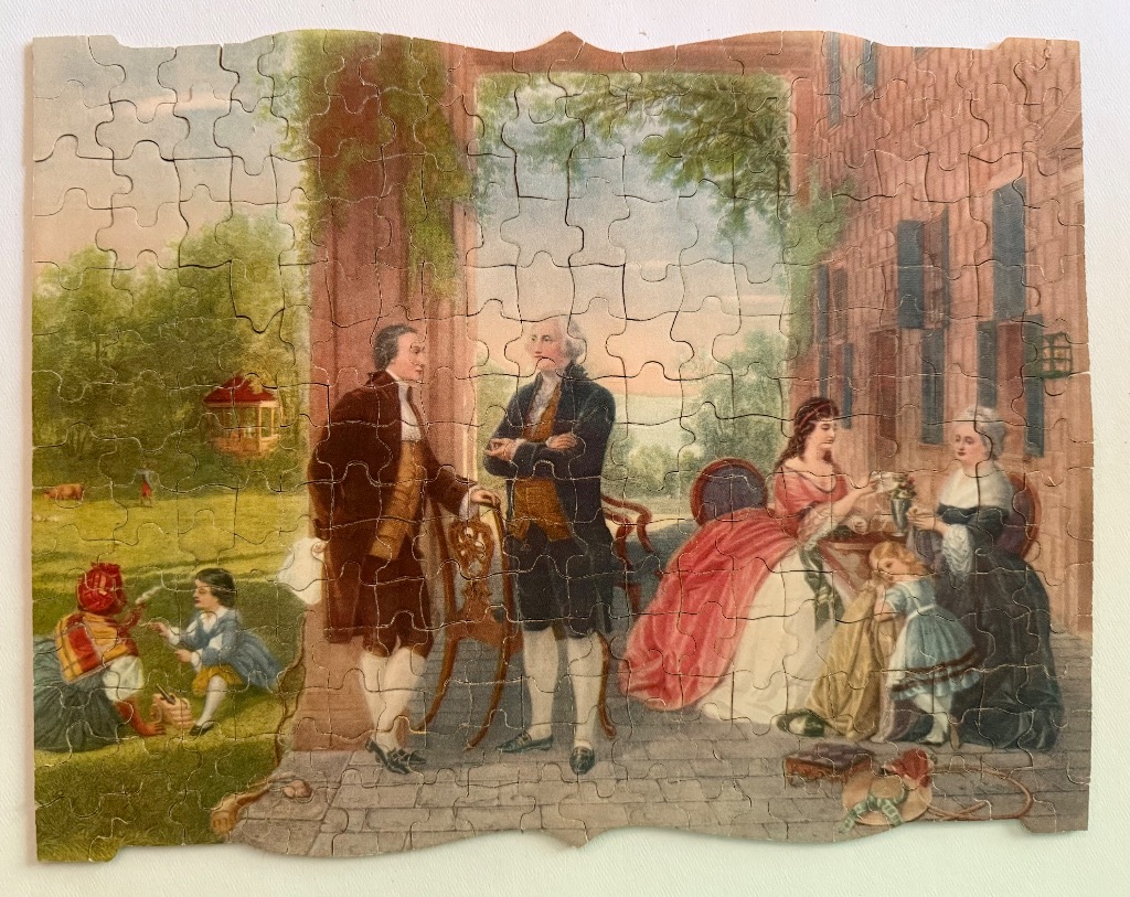 Historical painting of colonial figures on a veranda overlooking a countryside landscape.