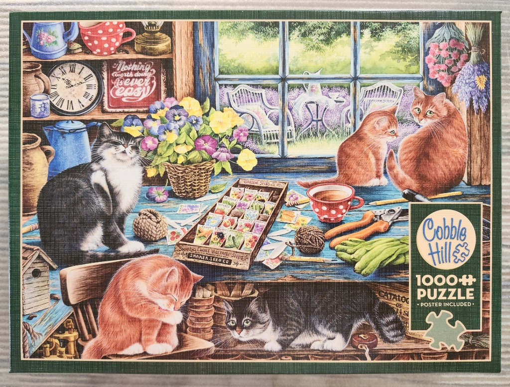 A cozy rustic scene featuring five cats, potted flowers, and gardening supplies near a window overlooking a garden.
