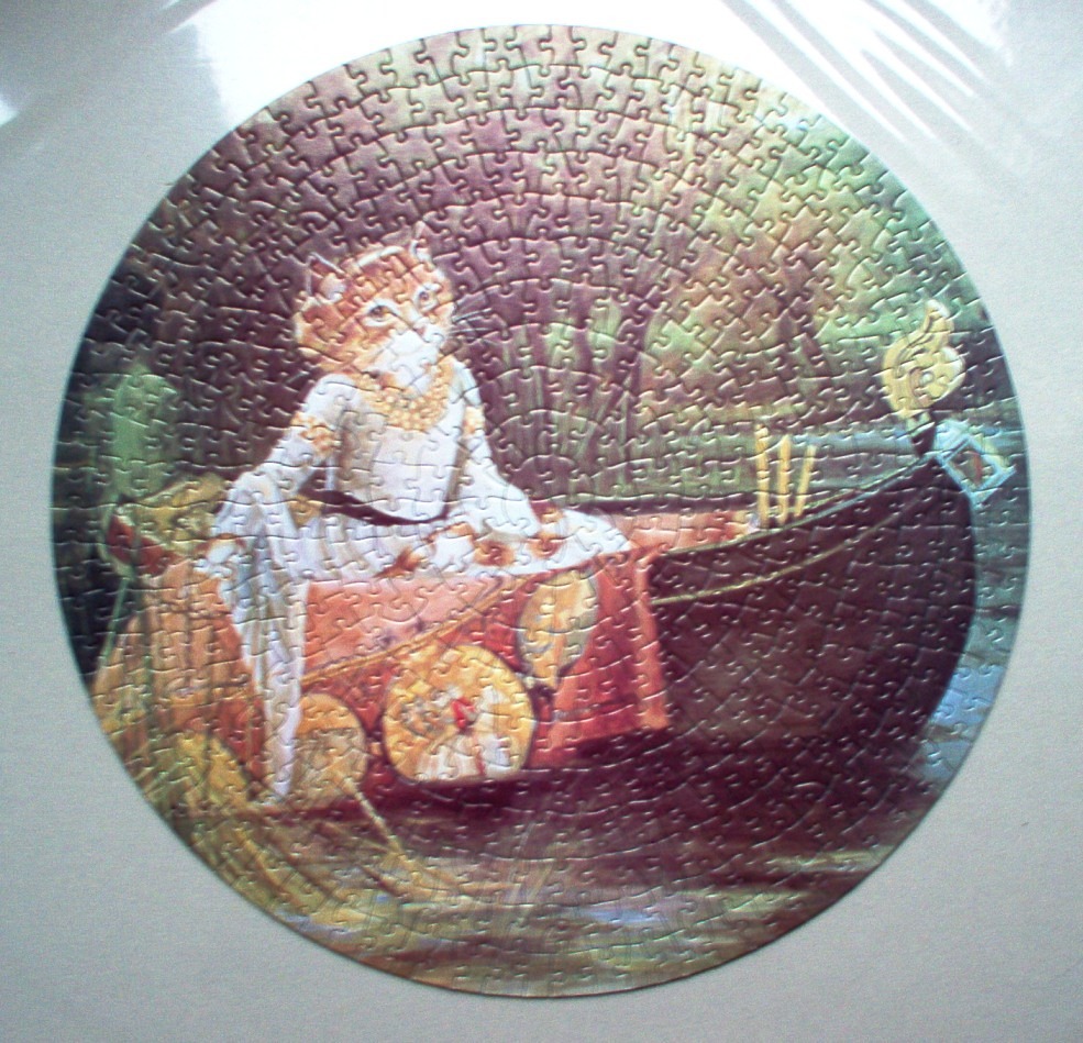 An anthropomorphic cat in Victorian dress sitting in a gondola on a canal.