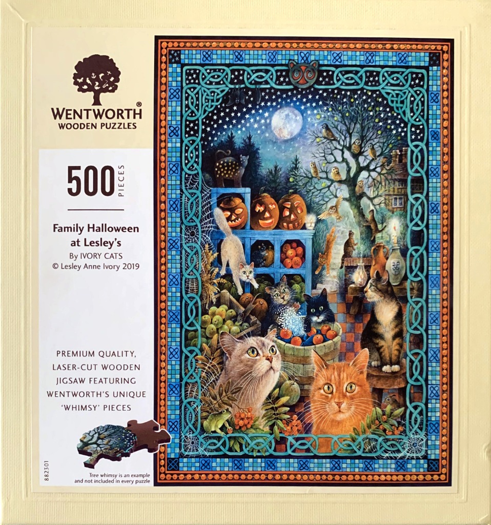 A whimsical illustration of many cats gathered in a garden on Halloween night under a full moon.