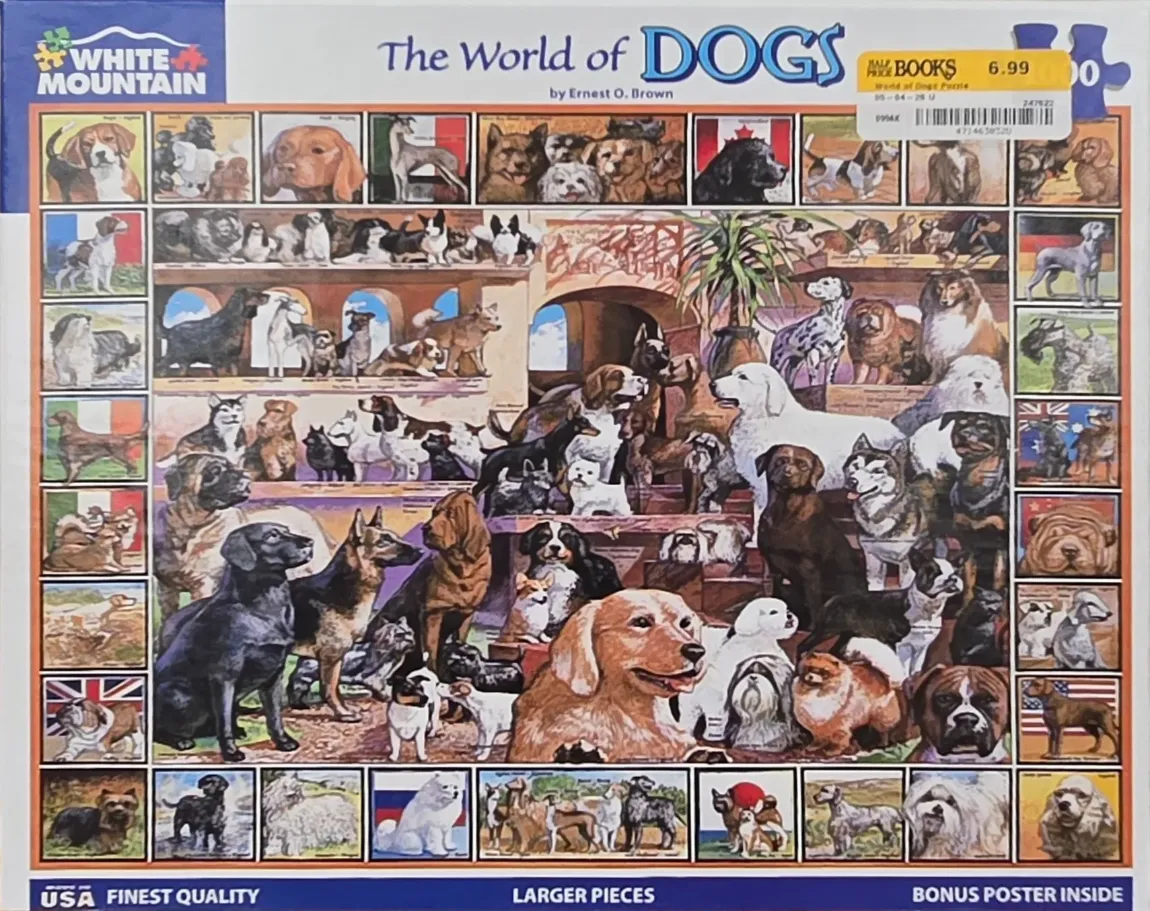 A collage of various dog breeds depicted in a gallery-style illustration.