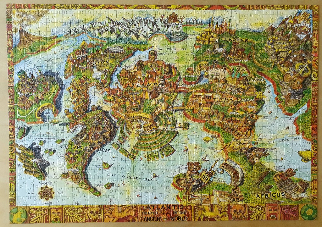 An illustrated, whimsical fantasy map of a legendary world featuring Atlantis, Thebes, and various mythical lands.