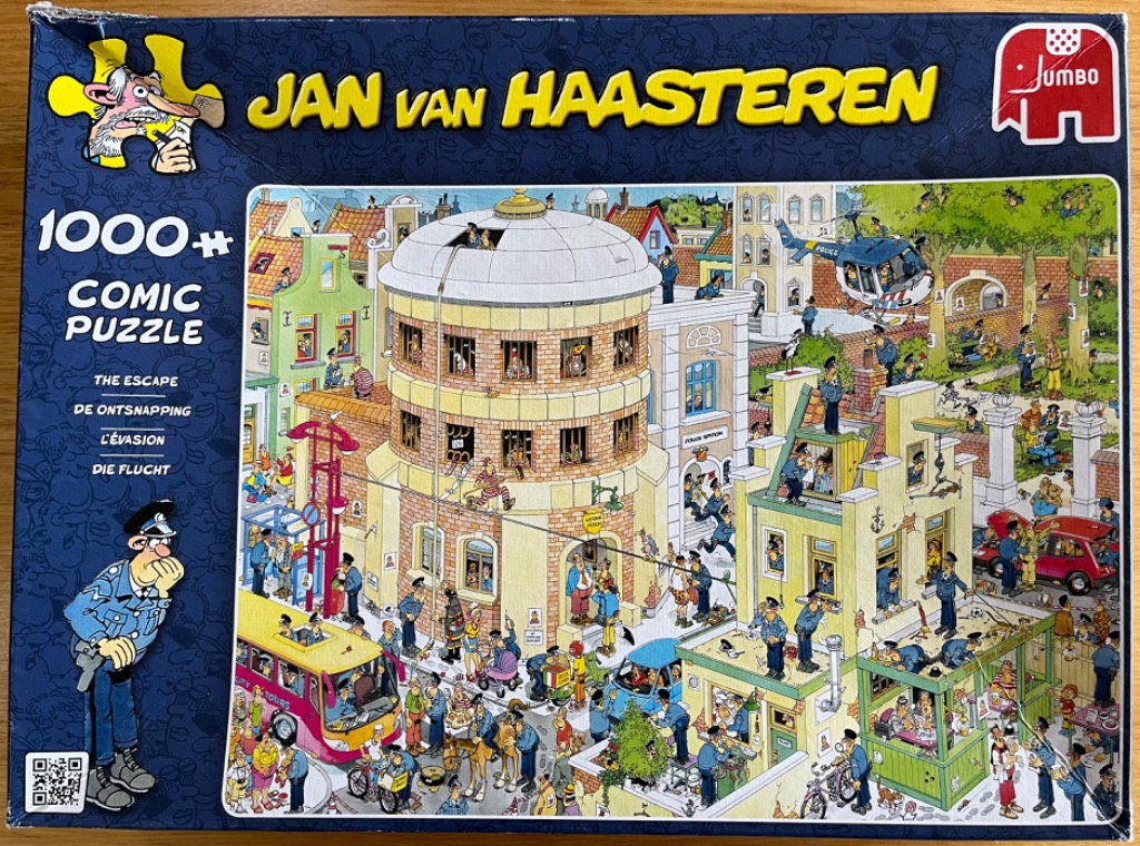 Cartoon illustration of a busy scene outside a jail house with police chasing escapees.