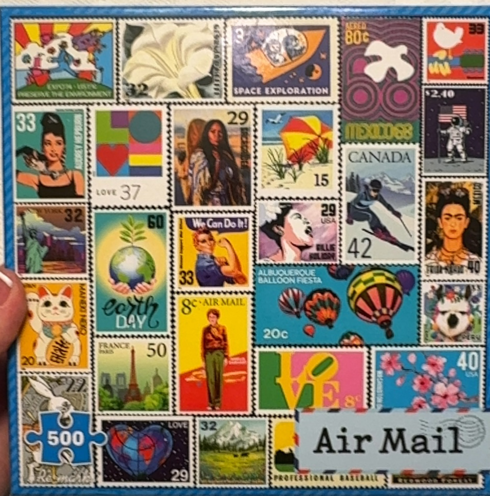 A collage of various colorful postage stamps arranged in a grid pattern.