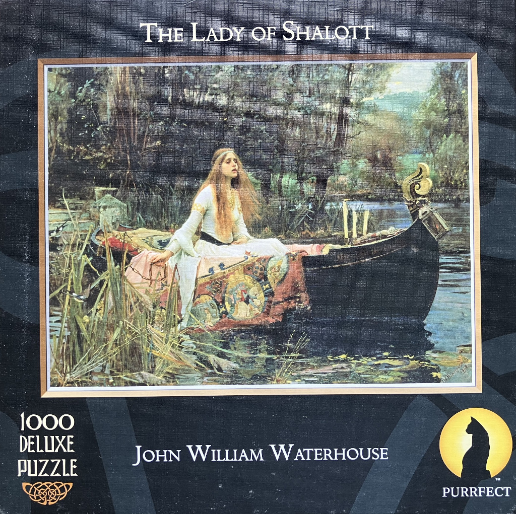 A painting of a woman in a white dress sitting in a dark boat drifting through a marshy river.