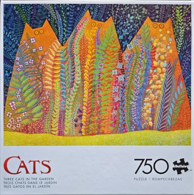 Stylized illustration of three orange cats camouflaged amongst vibrant, intricate floral and leafy patterns.