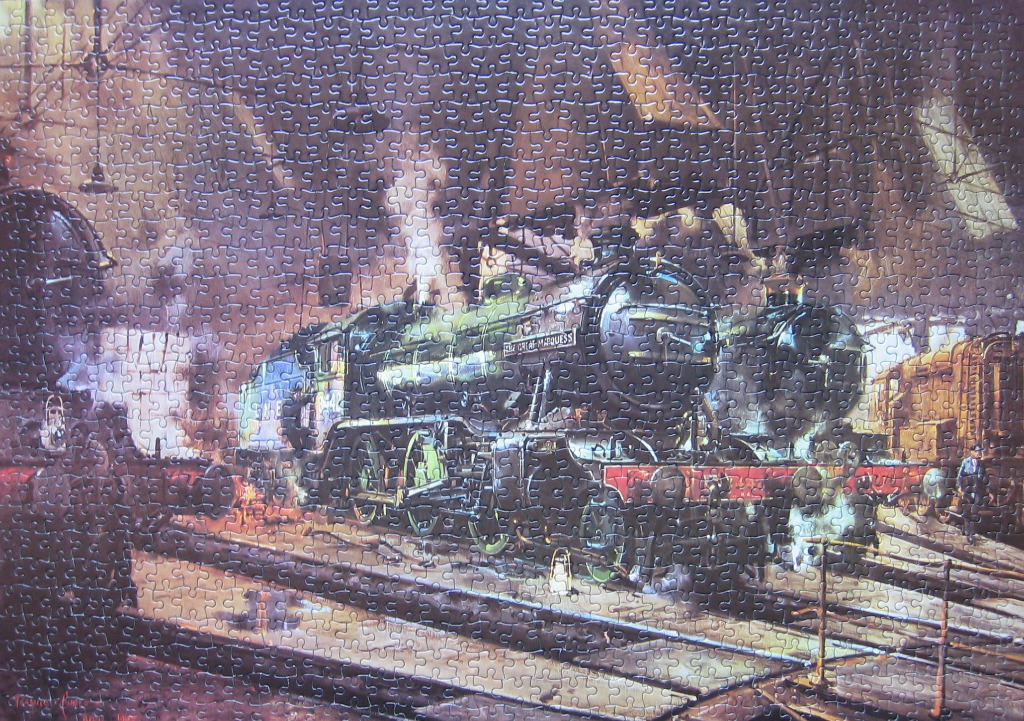 An atmospheric oil painting of steam locomotives inside a dimly lit industrial train shed.