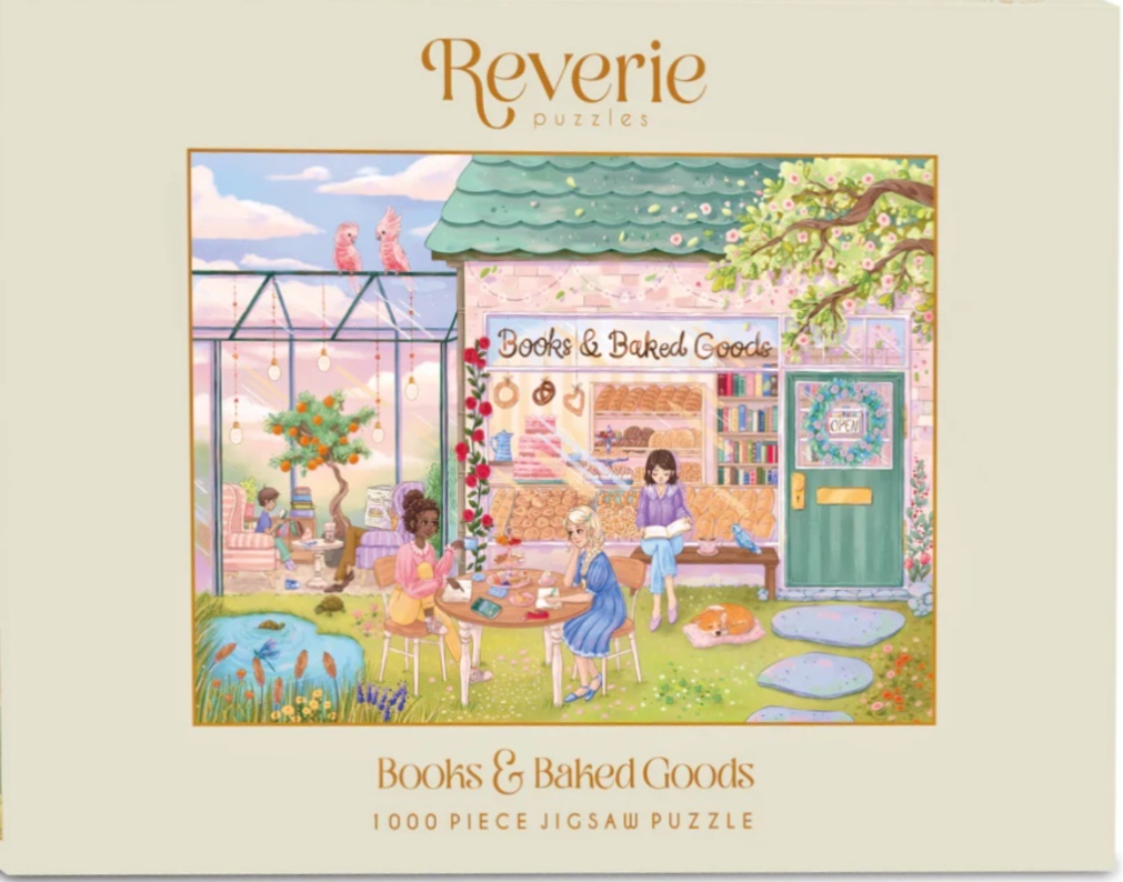 Illustration of a cozy bookstore and bakery with people reading and drinking tea in a garden setting.