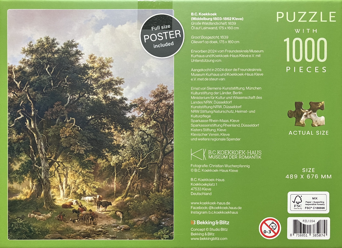 An oil painting of a lush forest landscape featuring a group of livestock and people in a clearing near a stream.