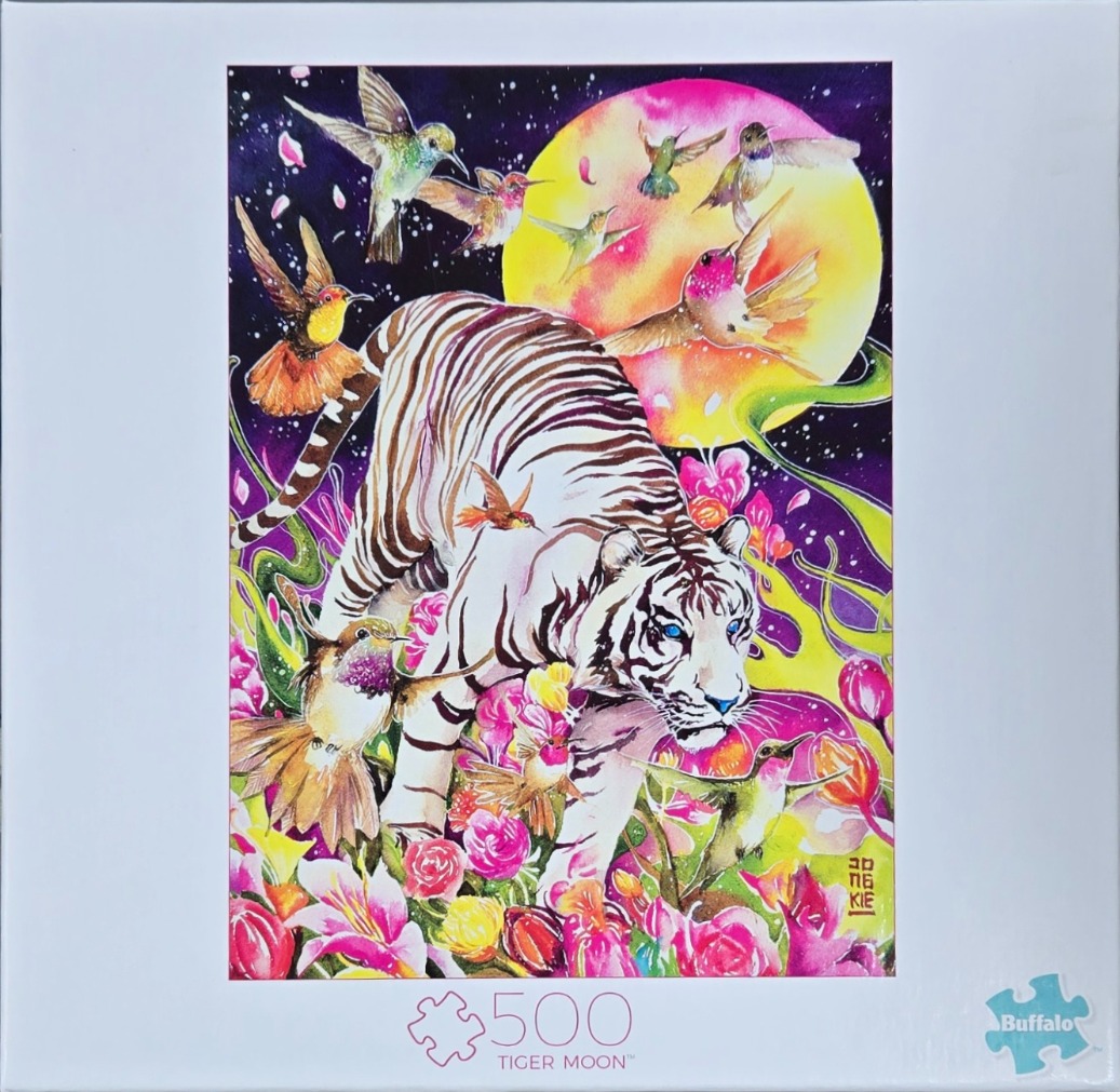 A white tiger walking through a field of glowing flowers under a large, colorful moon with hummingbirds flying around.