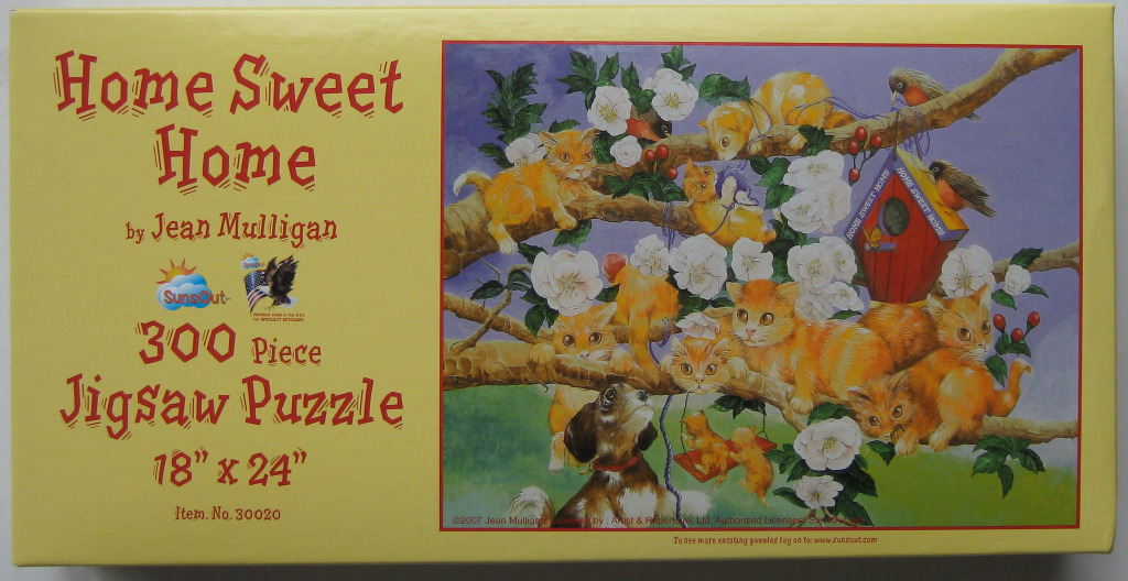 A painting of multiple orange kittens playing in a flowering tree with a birdhouse and a small dog below.