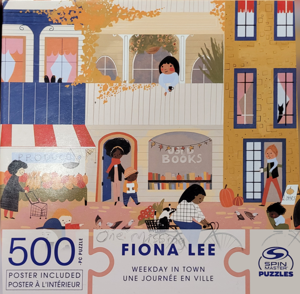 An illustrated urban street scene with people shopping and walking past a bookstore on an autumn day.