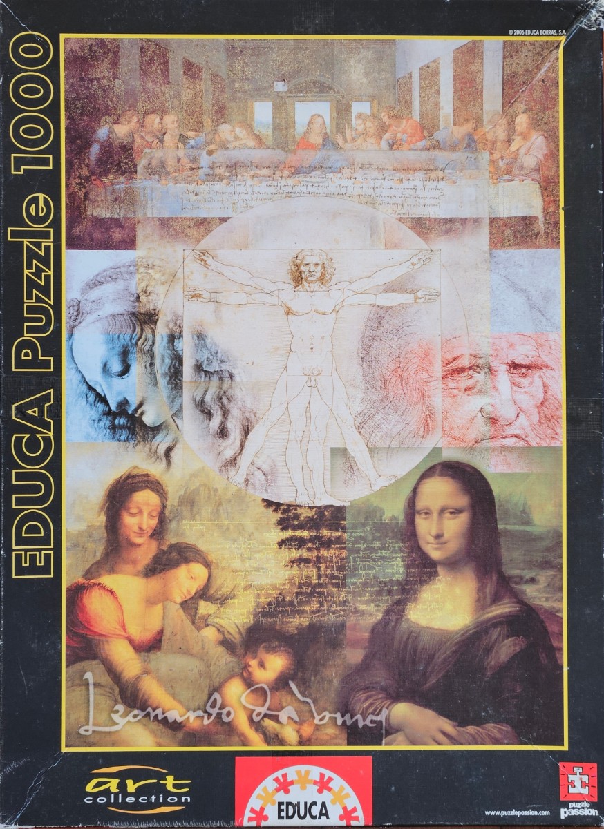 A collage of famous paintings and sketches by Leonardo da Vinci.