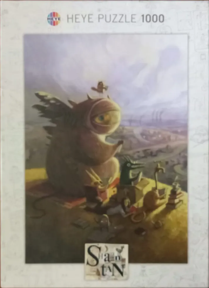 A large, one-eyed monster sits on a hill surrounded by smaller creatures in a whimsical, painted landscape.