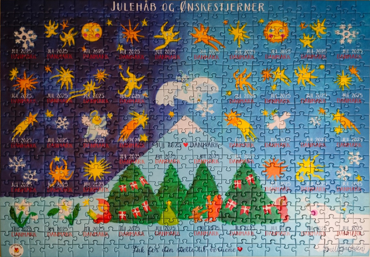 A whimsical illustration of a Danish Christmas scene with stars, snow-covered mountains, pine trees, and a polar bear.
