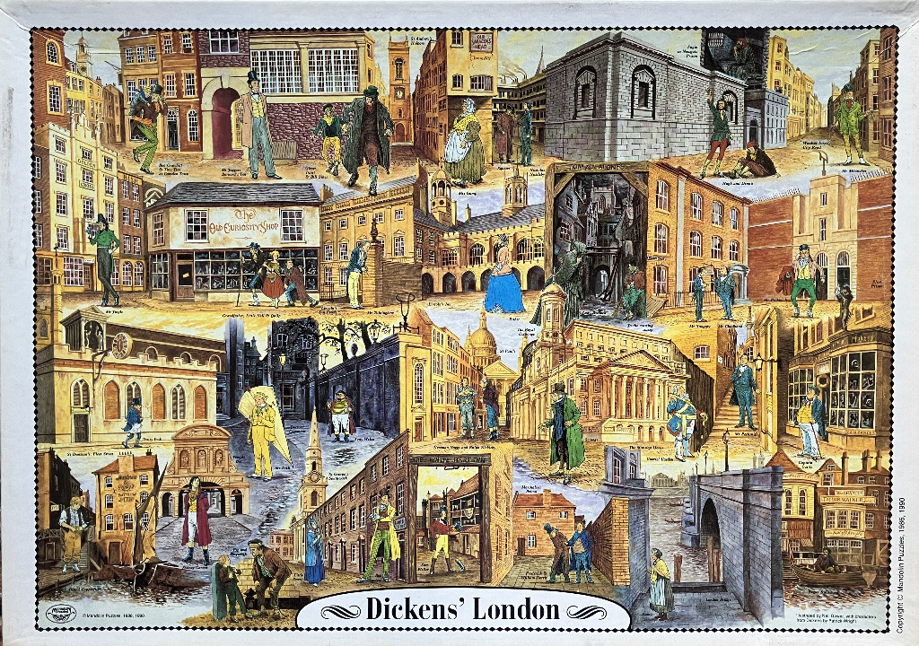 An illustrated montage of 19th-century London street scenes and characters from Charles Dickens' novels.