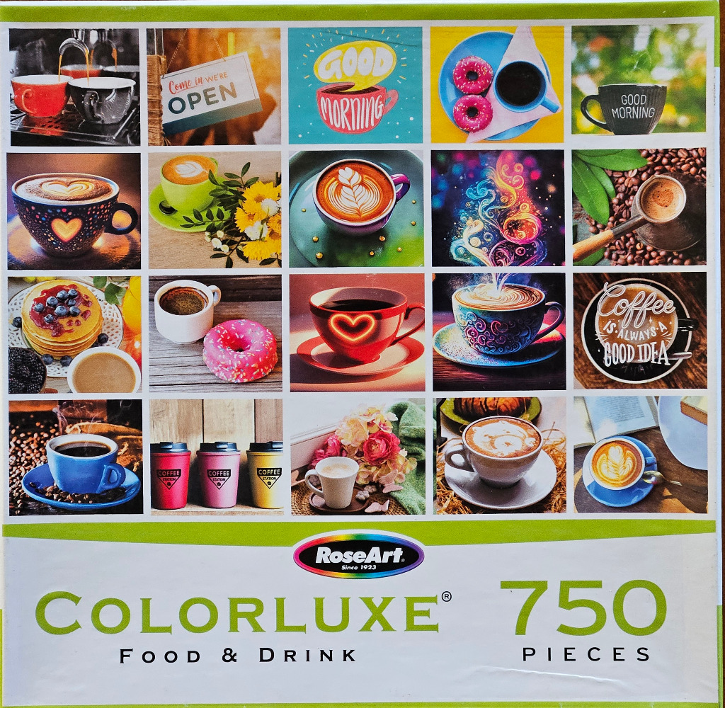 A collage of 20 square vignettes featuring various coffee drinks, pastries, and café-themed graphics.