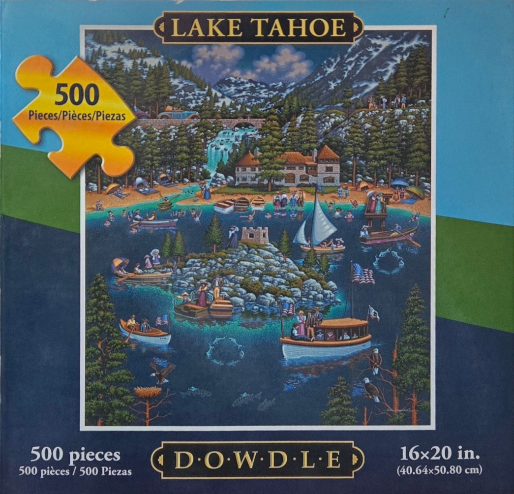 A whimsical folk-art style illustration of a busy Lake Tahoe shoreline scene featuring boats, a castle, and mountains.