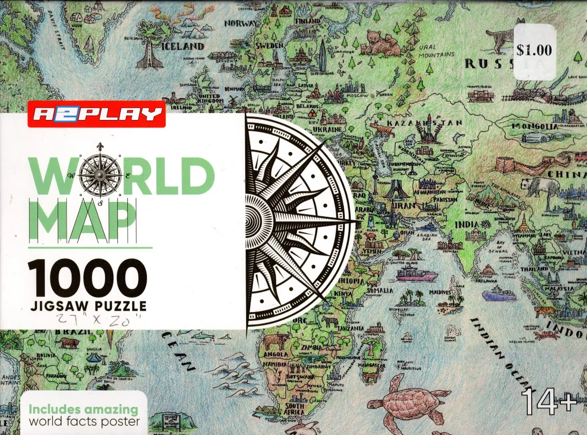 Illustrated world map featuring regional landmarks, animals, and a large compass rose.