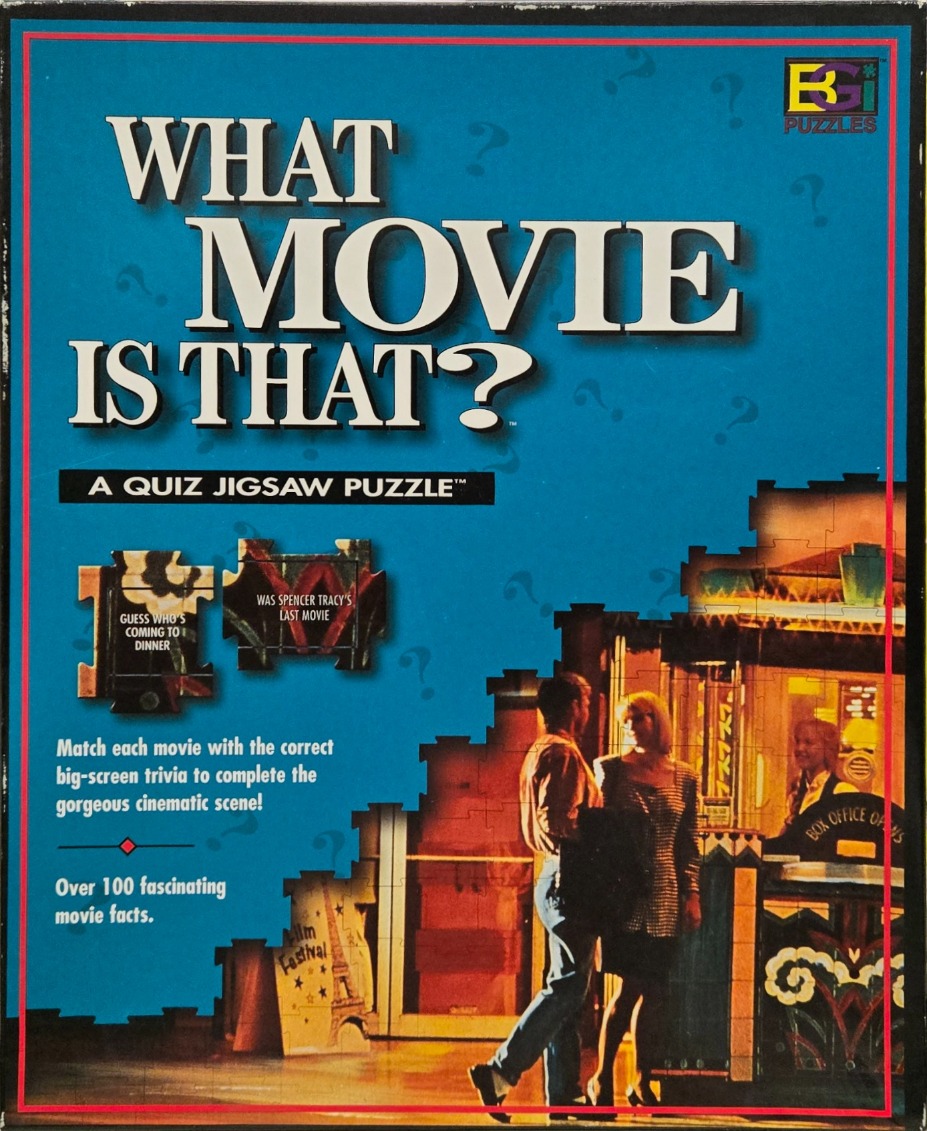 Movie trivia artwork featuring a couple outside a cinema box office at night.