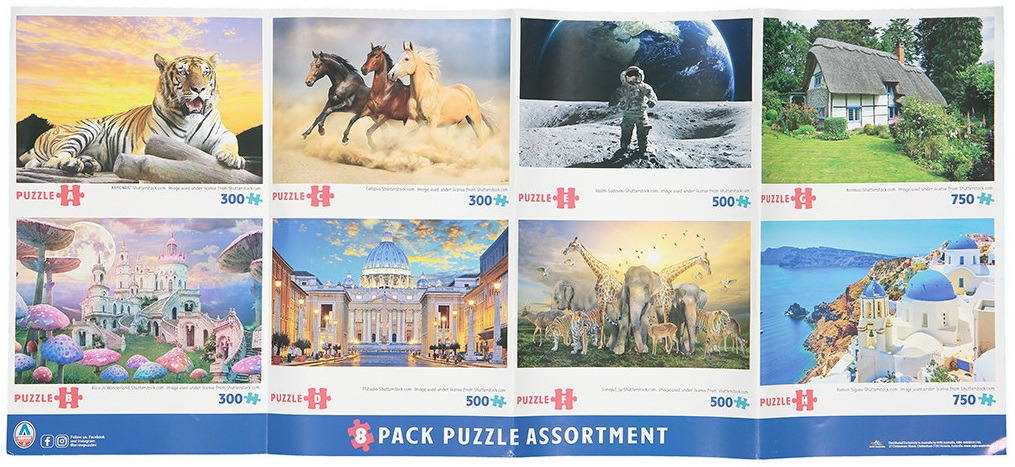 A collage of eight distinct landscape, animal, and architectural scenes organized in a grid.