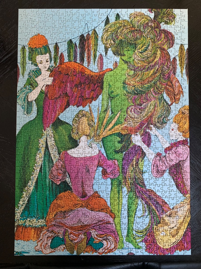 An illustration of three women in period costumes attending to a central green figure with large, colorful feathers.