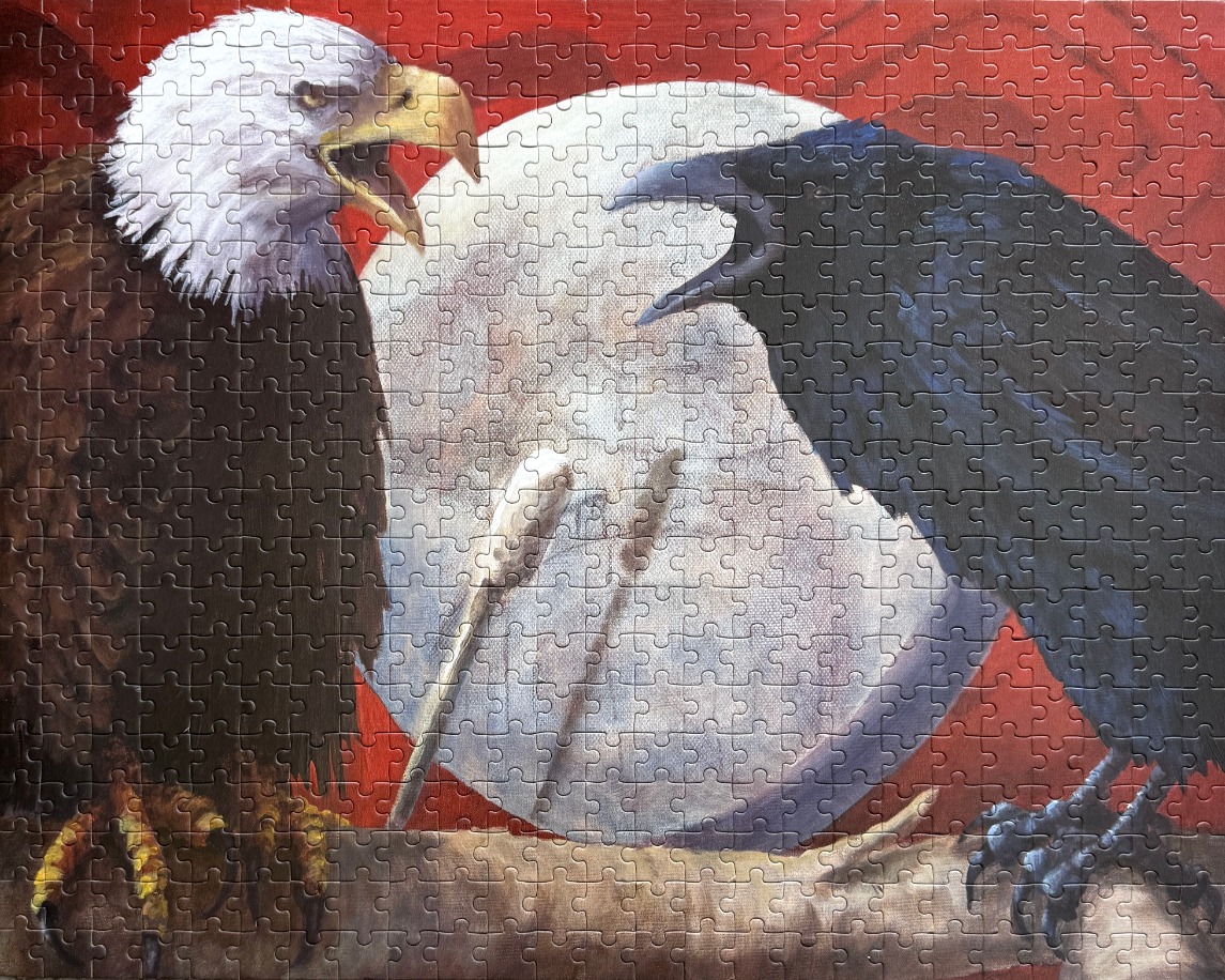 A bald eagle and a raven facing each other against a backdrop of a large moon and a red sky.