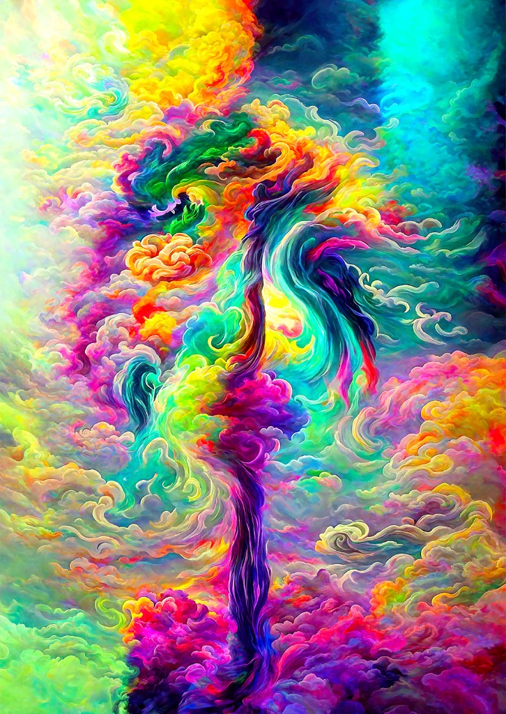 Abstract painting of swirling, rainbow-colored clouds forming a central pillar shape.