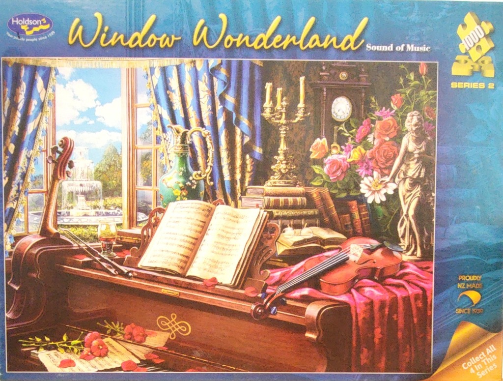 A detailed illustration of a wooden piano with sheet music, a violin, and a bouquet of roses in a sunlit room.