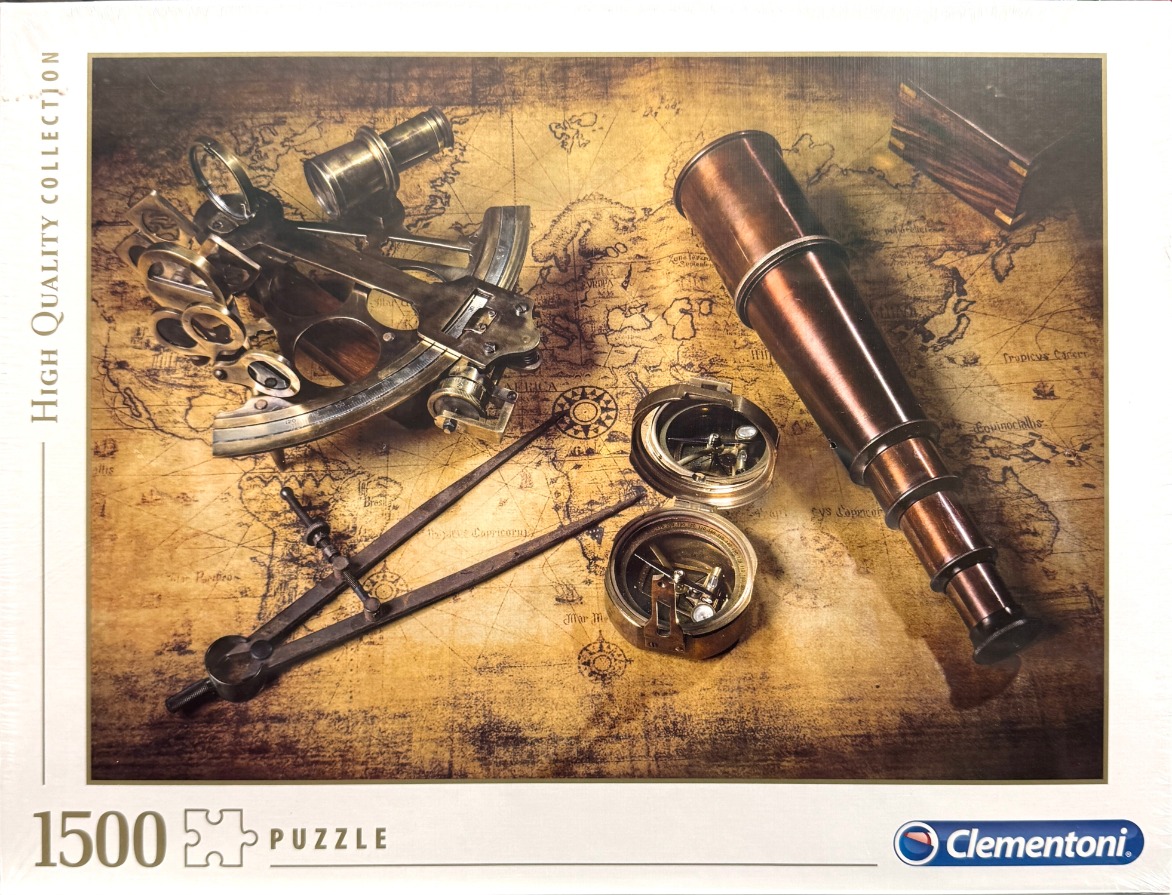 Antique brass nautical navigation tools resting on an old, weathered world map.