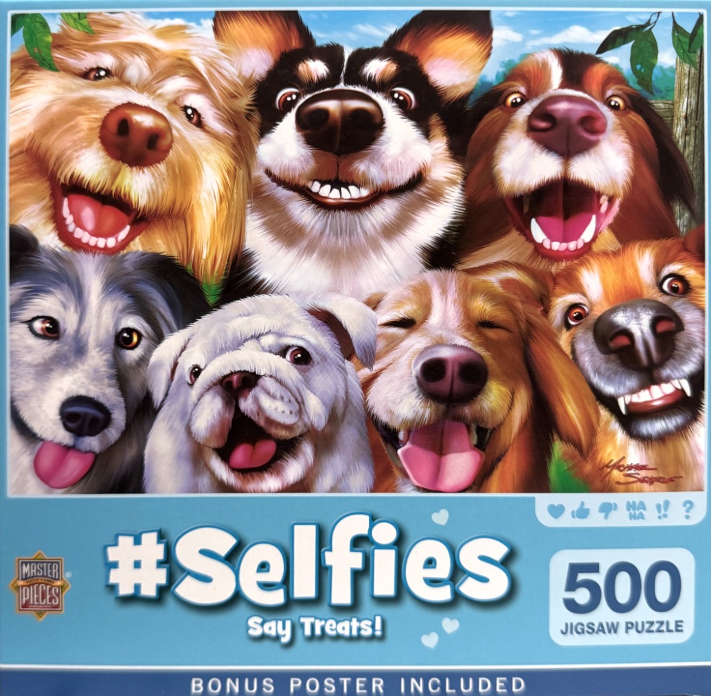 A cartoon illustration of seven dogs of various breeds crowding together for a close-up selfie portrait.