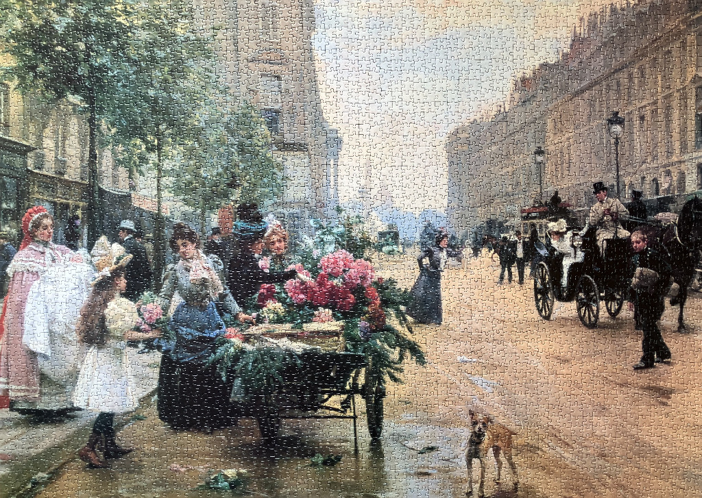 A 19th-century street scene featuring a flower cart and horse-drawn carriages in a bustling city.