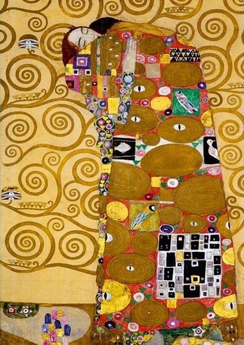 An ornate stylized illustration of a couple in a long robe covered in geometric shapes and gold circles.