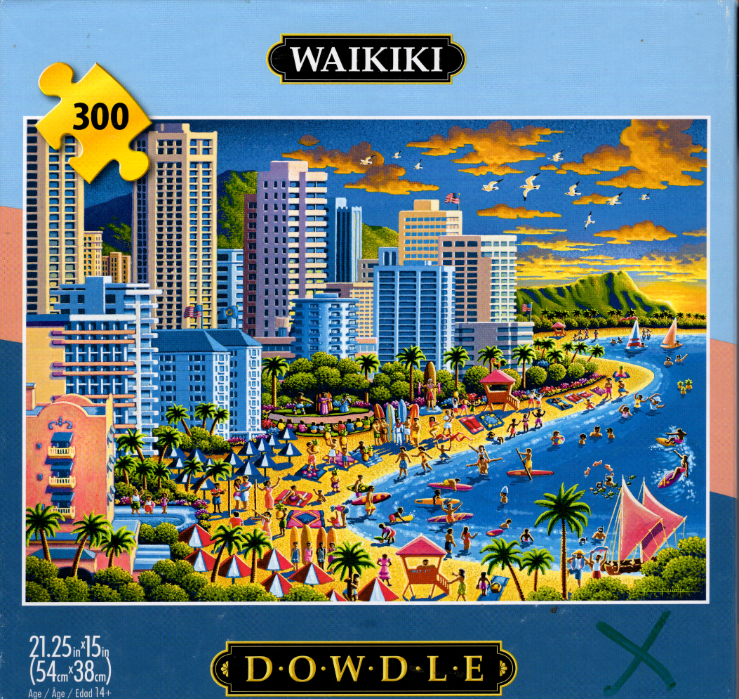 Painting of a vibrant Waikiki beach scene with skyscrapers, golden sunset sky, and crowded shoreline.
