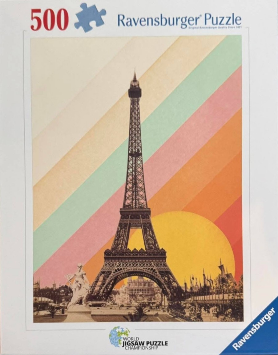 A vintage-style illustration of the Eiffel Tower set against a backdrop of diagonal rainbow stripes and a large yellow sun.
