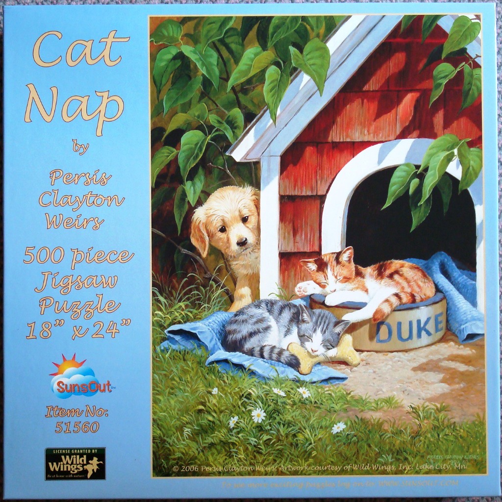 Painting of a puppy watching a tabby cat and ginger kitten sleeping in a red doghouse.