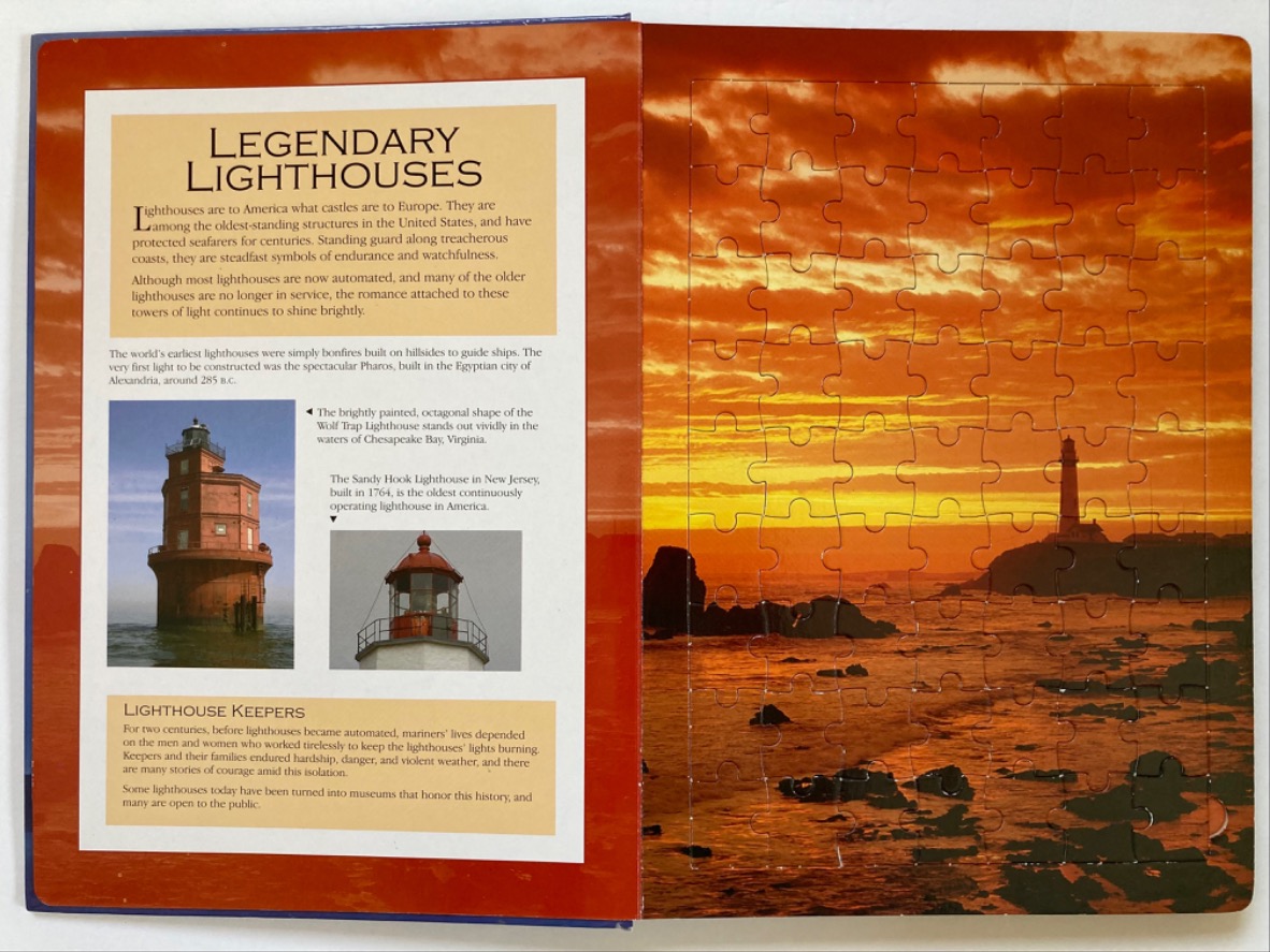 Informational display titled Legendary Lighthouses featuring text, historical photos, and a sunset lighthouse scene.