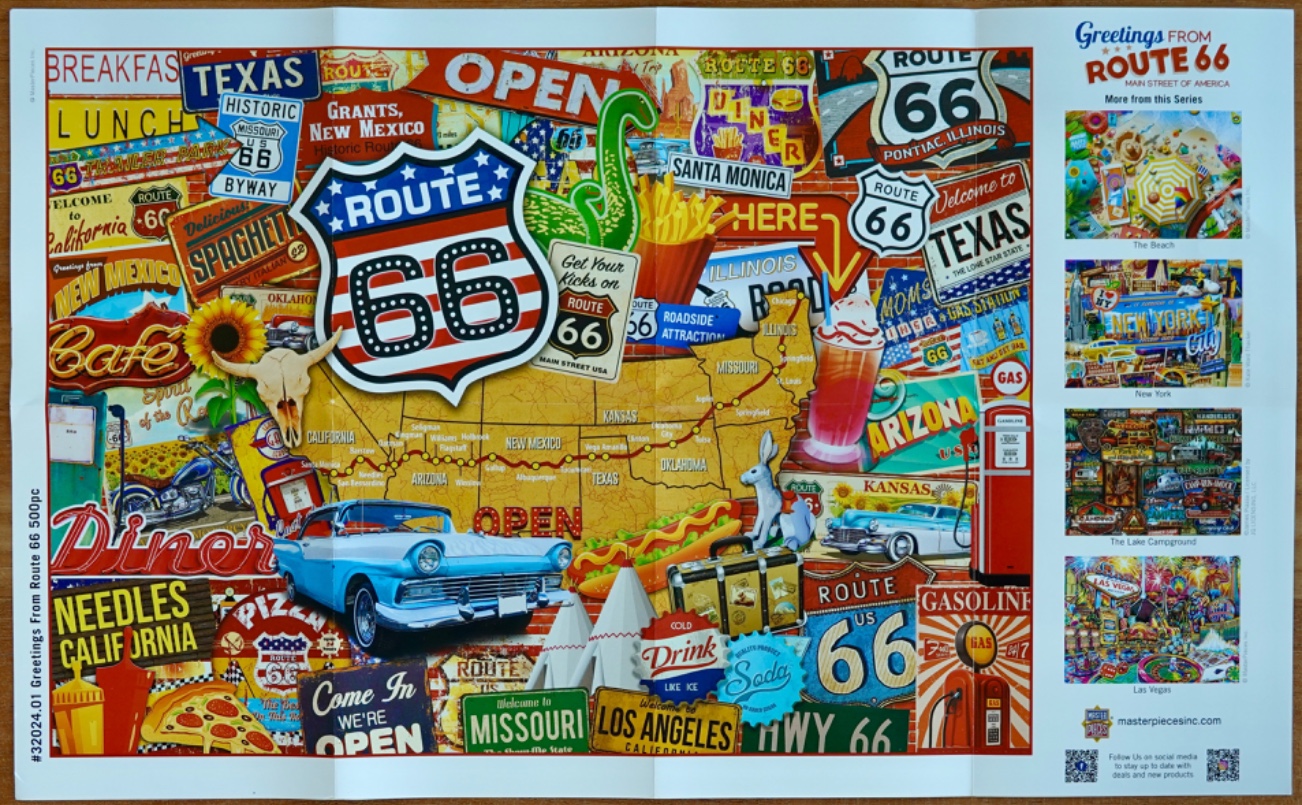 A nostalgic collage featuring a map of Route 66 surrounded by vintage road signs, classic cars, and roadside Americana.