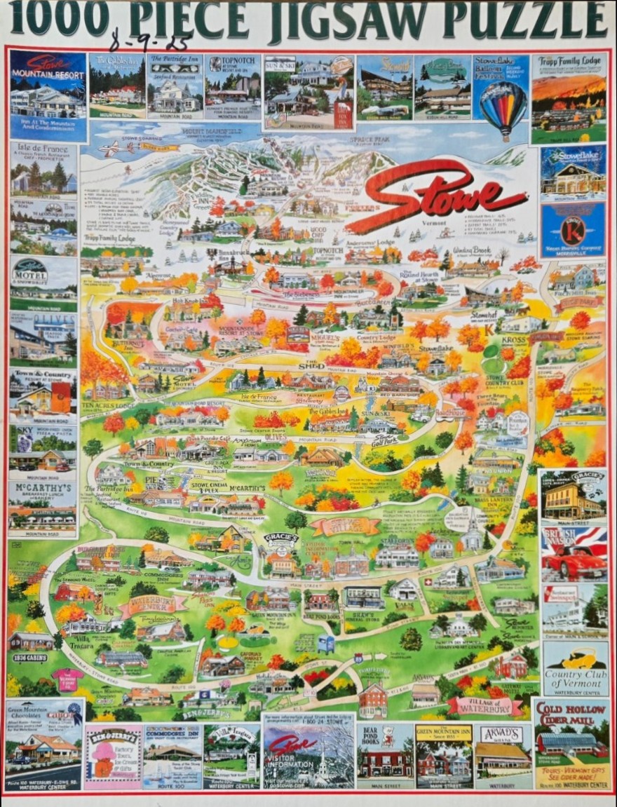 A whimsical illustrated map of Stowe, Vermont, featuring landmarks, surrounding businesses, and autumn foliage.