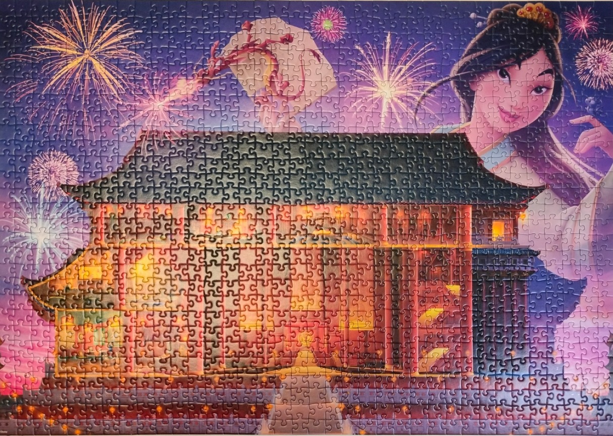 Mulan watching fireworks over an illuminated Chinese palace at night