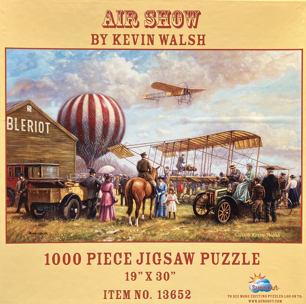 An oil painting of an early 20th-century airfield with vintage biplanes, a hot air balloon, and people in Edwardian attire.