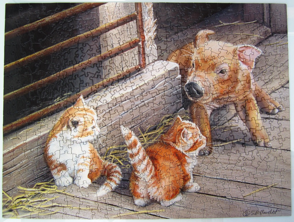 An illustration of a piglet and two ginger kittens on a wooden barn floor.