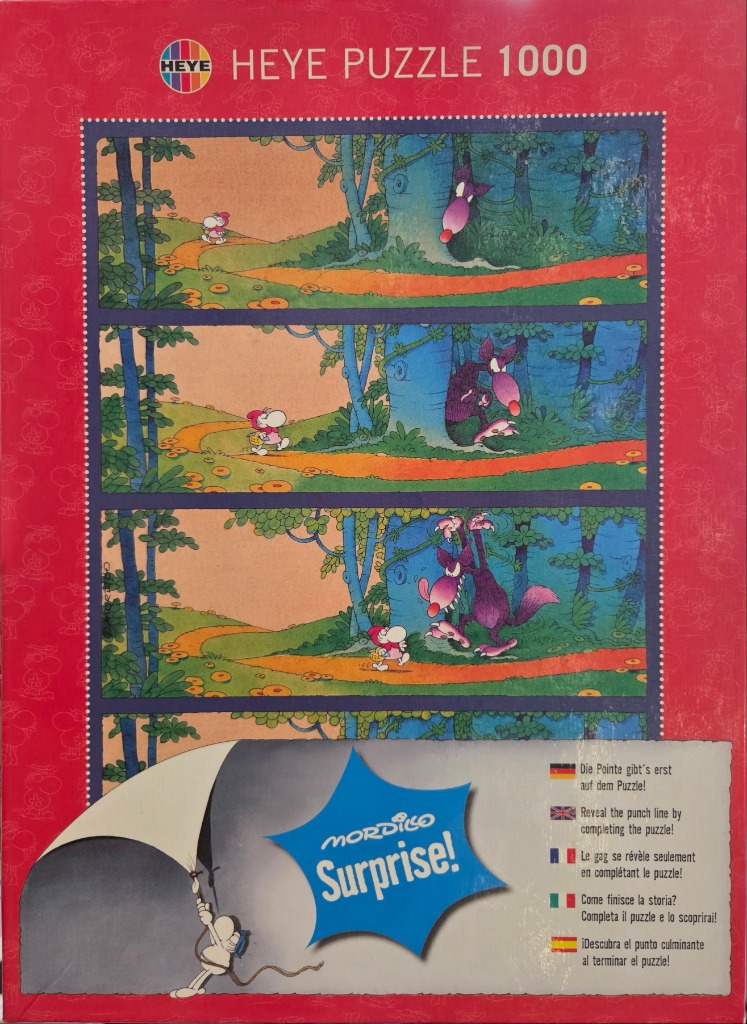 A three-panel cartoon illustration of a character resembling Little Red Riding Hood walking through a forest.
